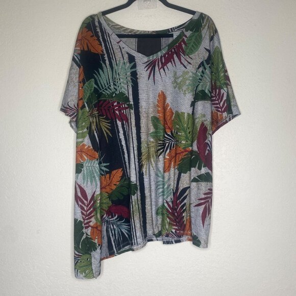 Catherines Womens Tropical Leaf Print Tunic Top 1X Plus V-Neck Asymmetrical Hem - Picture 1 of 11
